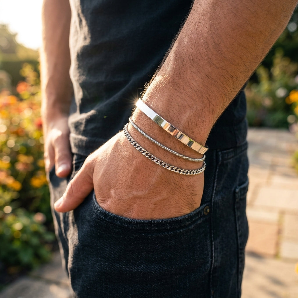 Person wearing silver bracelet set walking